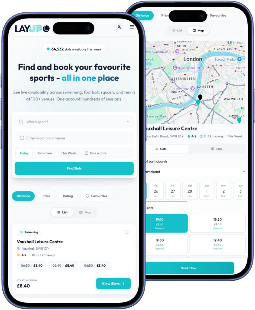 LayUp app showing search and venue details